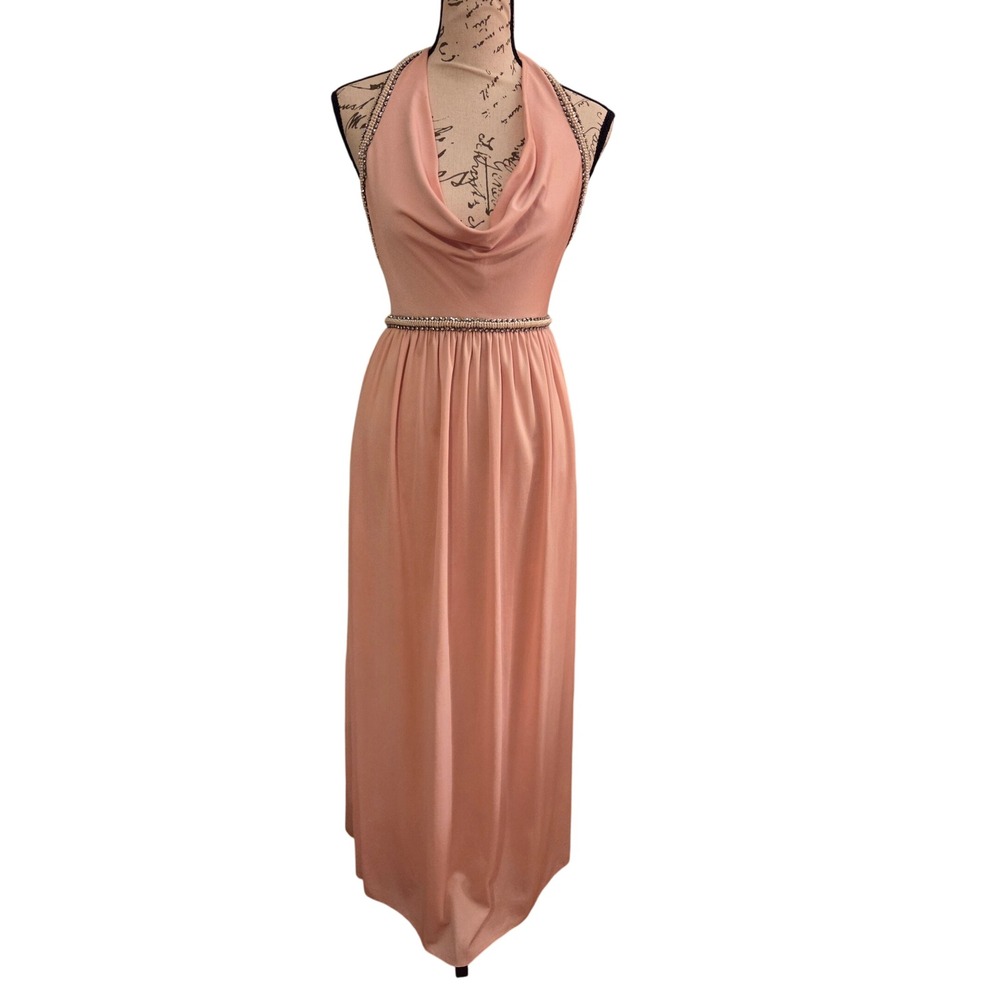 VTG 1970s Victoria Royal Blush Pink Beaded Halter Open Back Evening Gown, Sz 8